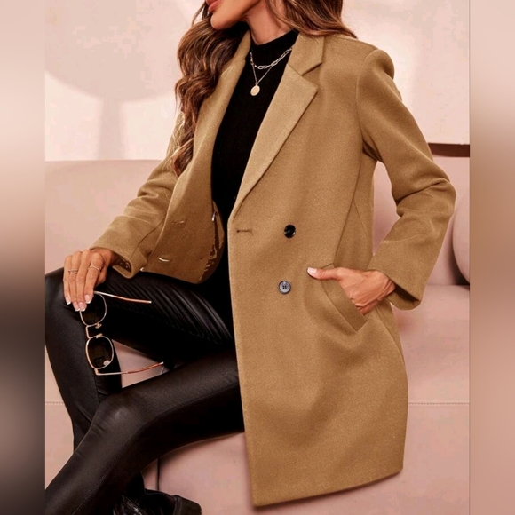 New Chic Double Breasted Mid Length Pea Coat Jacket Camel Khaki Tan - Picture 4 of 9